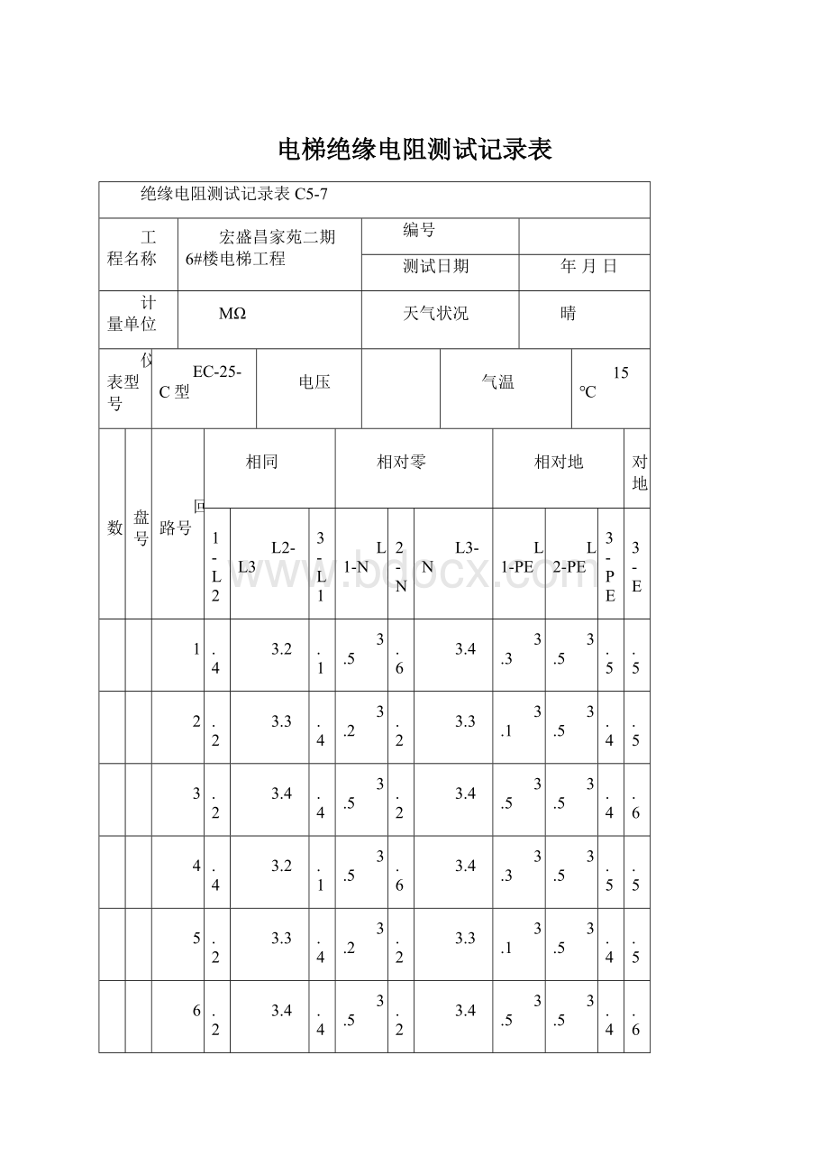 电梯绝缘电阻测试记录表Word格式.docx_第1页