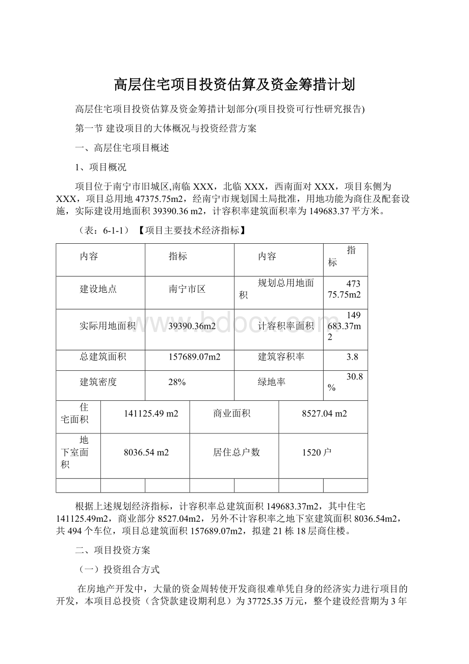 高层住宅项目投资估算及资金筹措计划Word文档下载推荐.docx