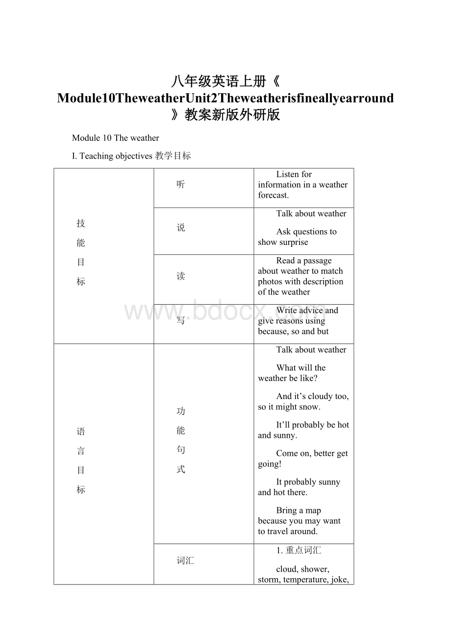 八年级英语上册《Module10TheweatherUnit2Theweatherisfineallyearround》教案新版外研版.docx_第1页