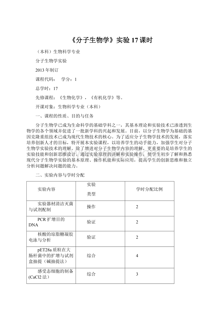 《分子生物学》实验17课时Word格式文档下载.docx