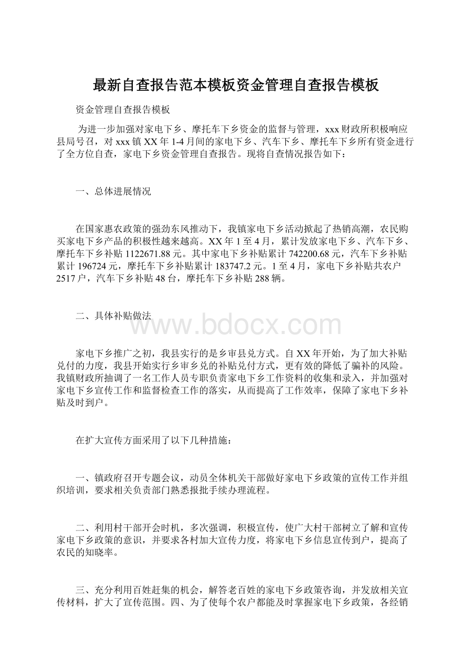 最新自查报告范本模板资金管理自查报告模板文档格式.docx