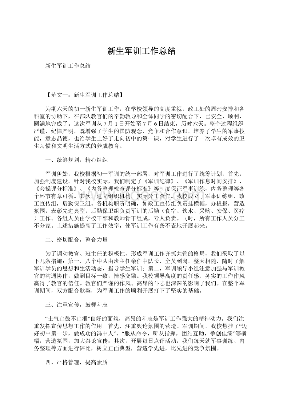 新生军训工作总结Word格式文档下载.docx