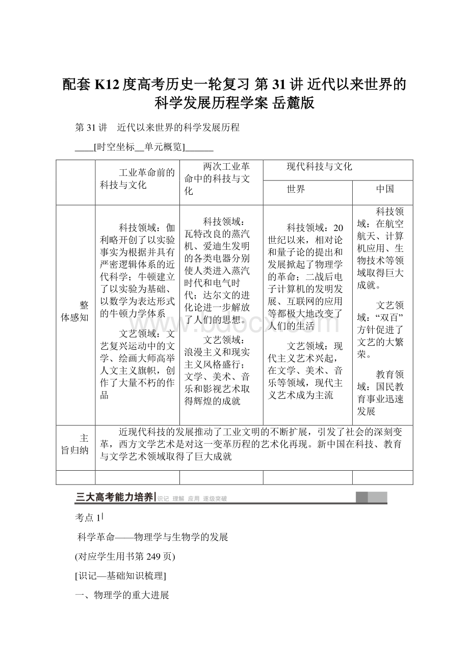 配套K12度高考历史一轮复习 第31讲 近代以来世界的科学发展历程学案 岳麓版Word下载.docx_第1页