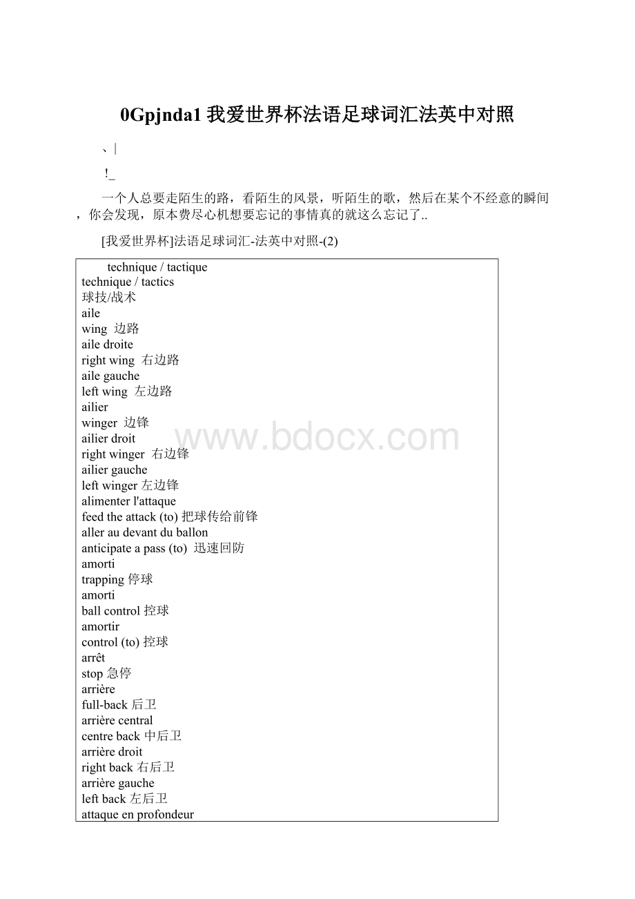 0Gpjnda1我爱世界杯法语足球词汇法英中对照Word文档下载推荐.docx