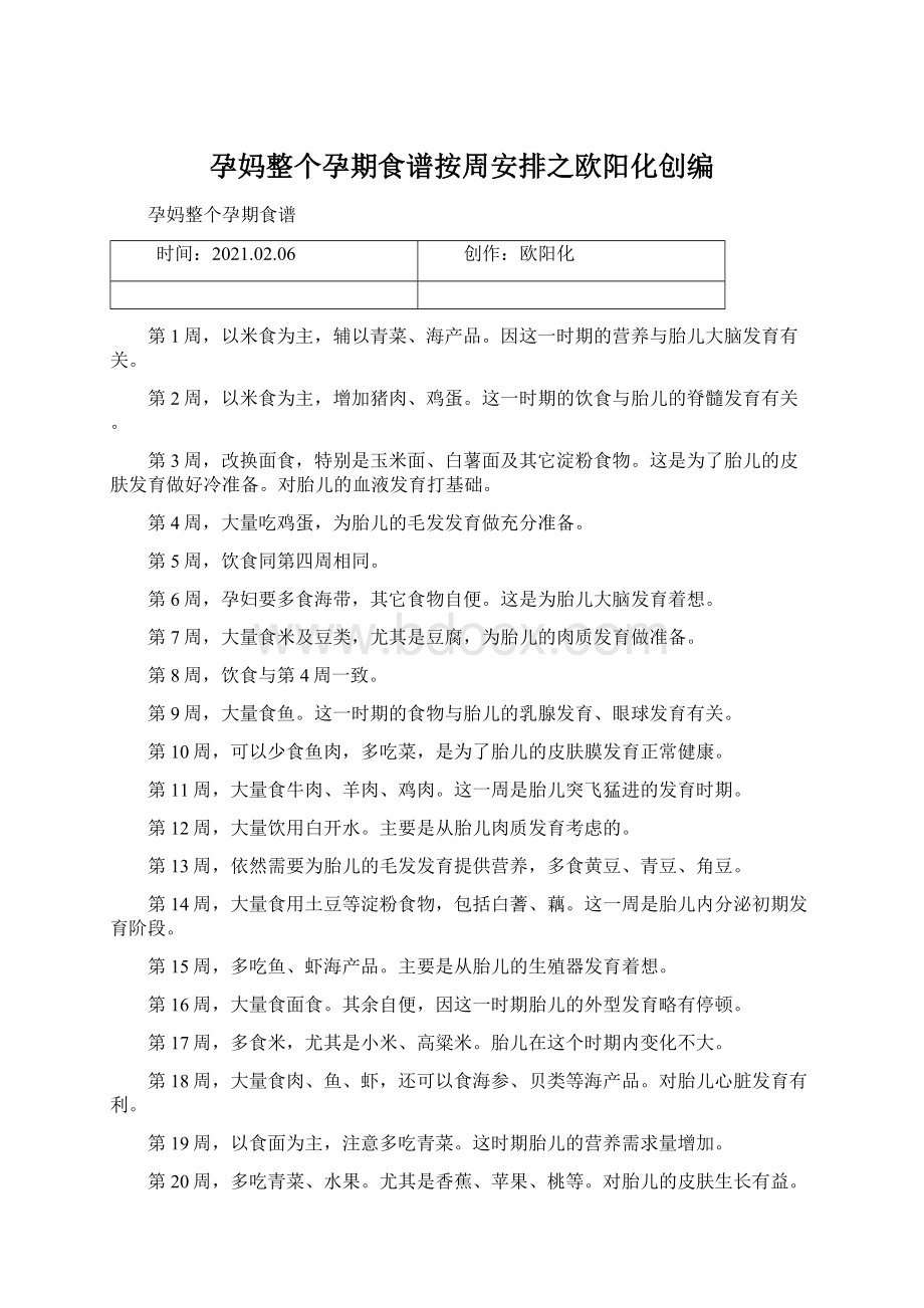 孕妈整个孕期食谱按周安排之欧阳化创编Word格式文档下载.docx_第1页