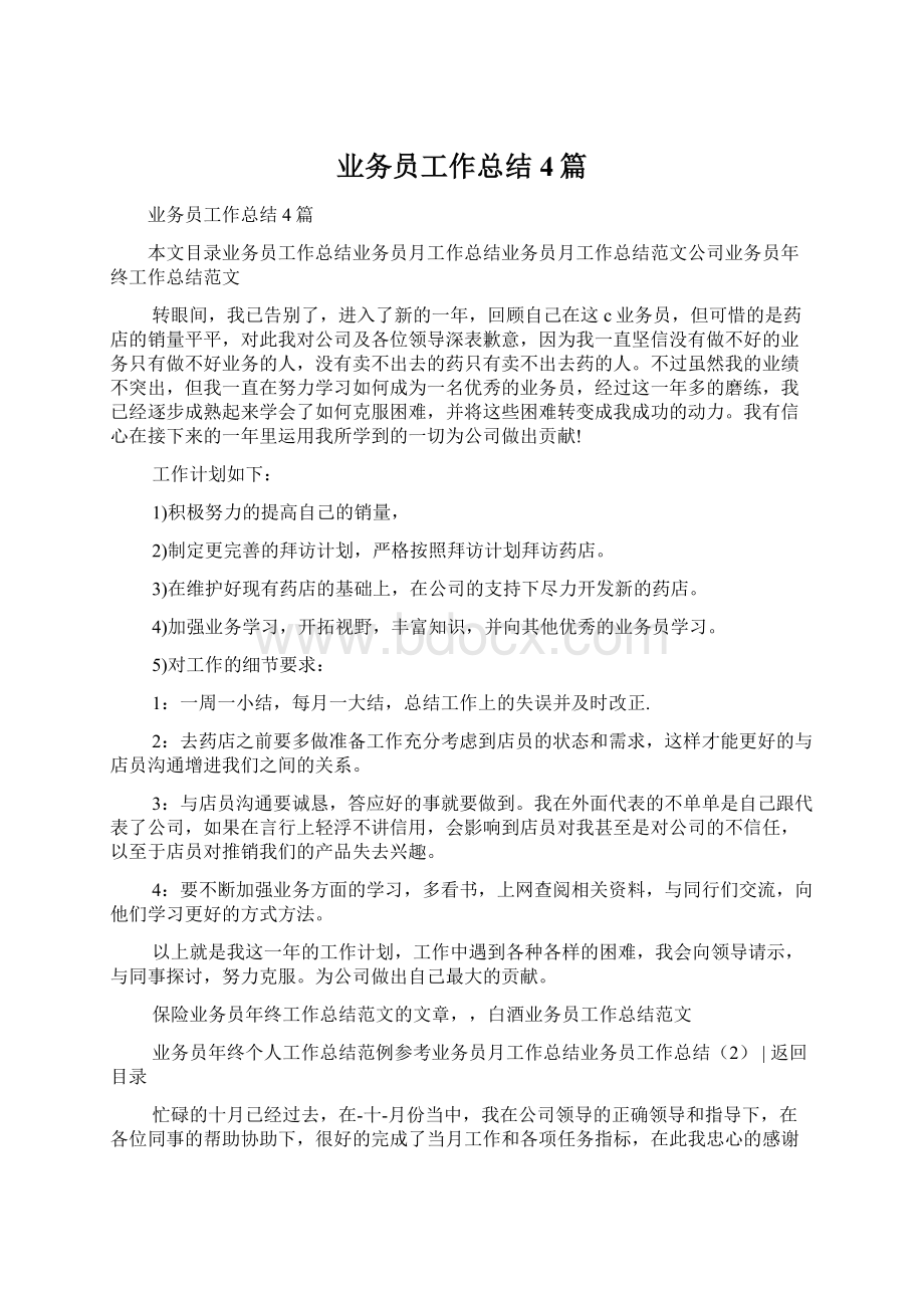 业务员工作总结4篇文档格式.docx