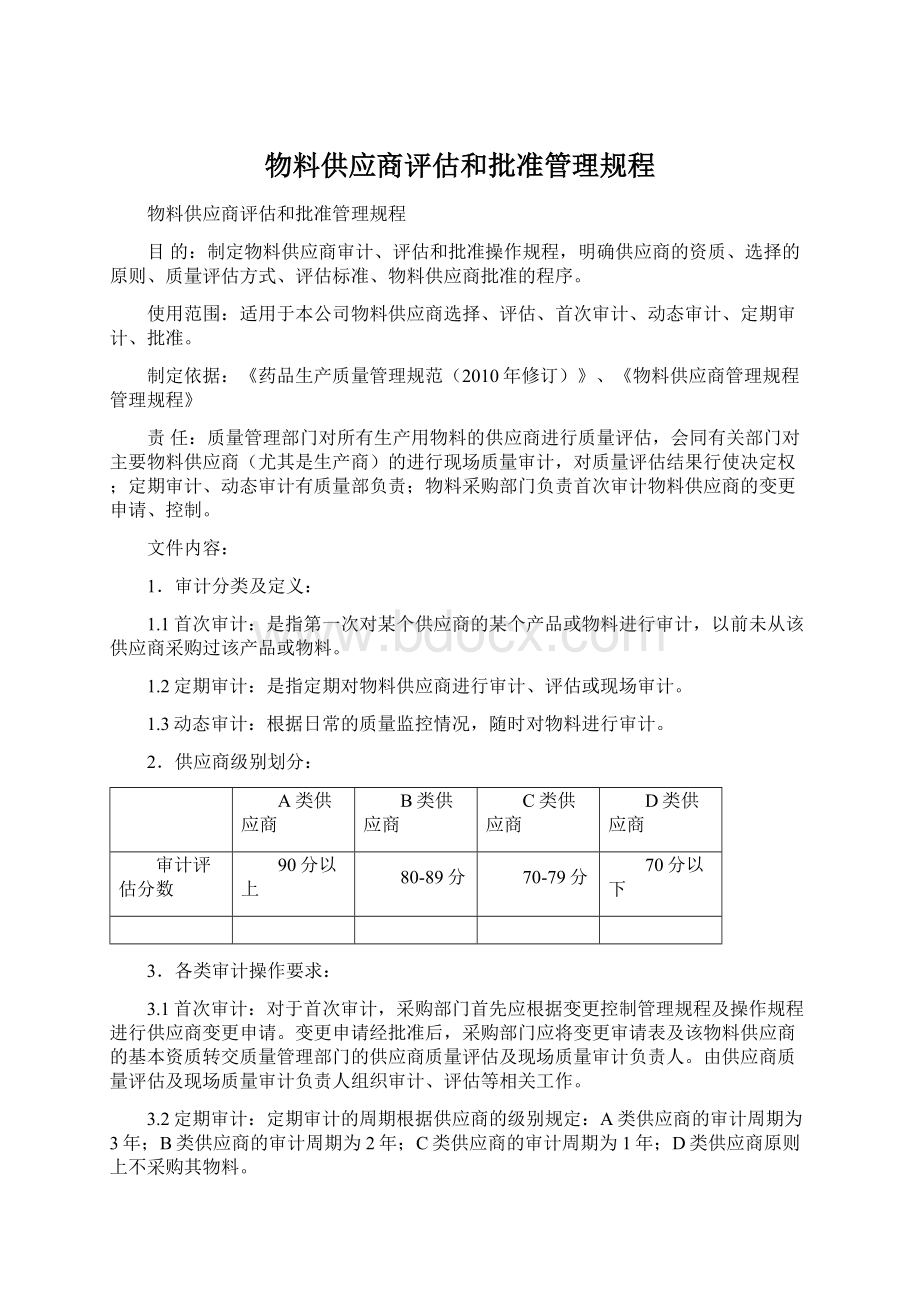 物料供应商评估和批准管理规程Word文档格式.docx