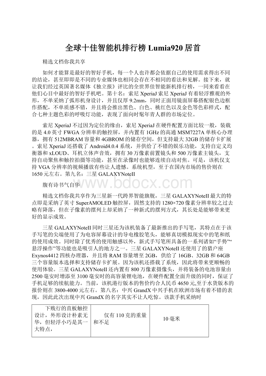 全球十佳智能机排行榜Lumia920居首Word文件下载.docx