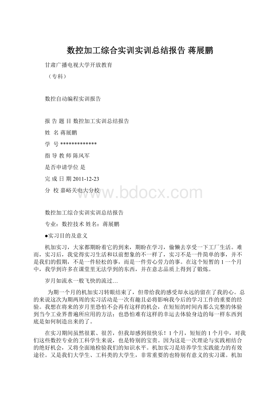 数控加工综合实训实训总结报告 蒋展鹏.docx_第1页