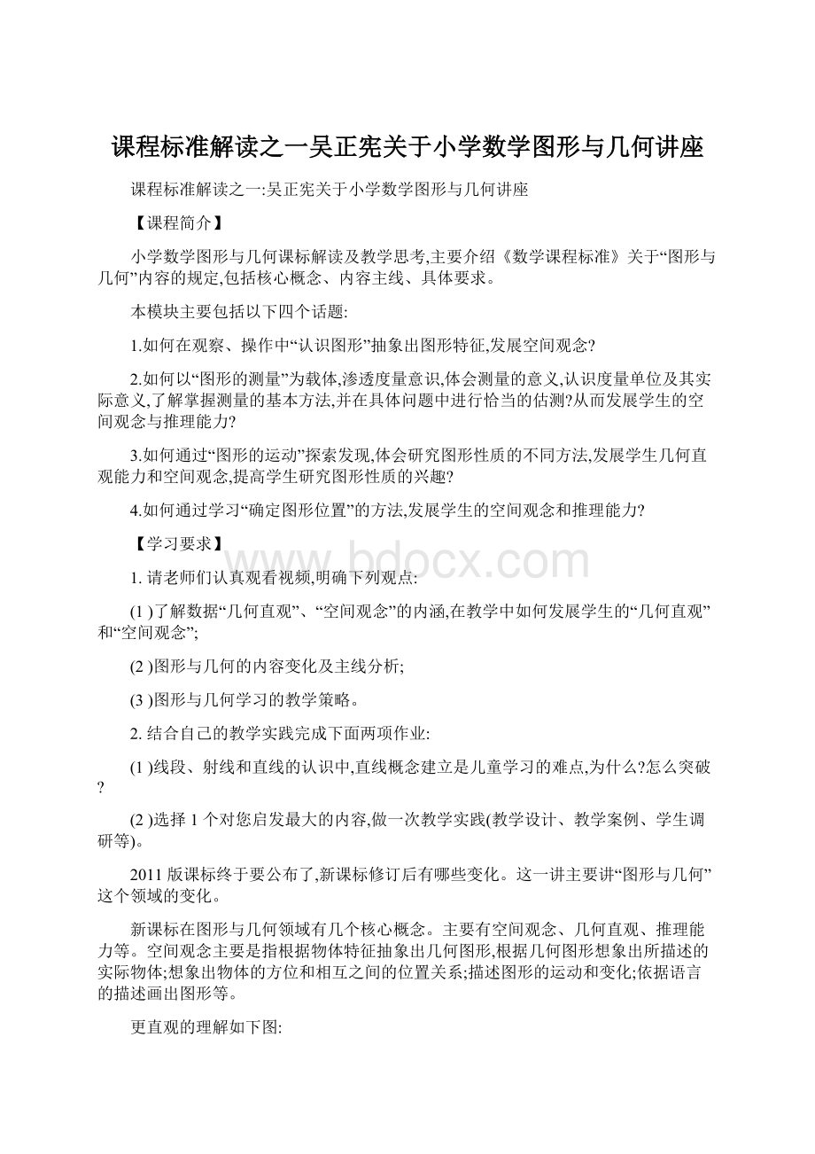 课程标准解读之一吴正宪关于小学数学图形与几何讲座.docx_第1页