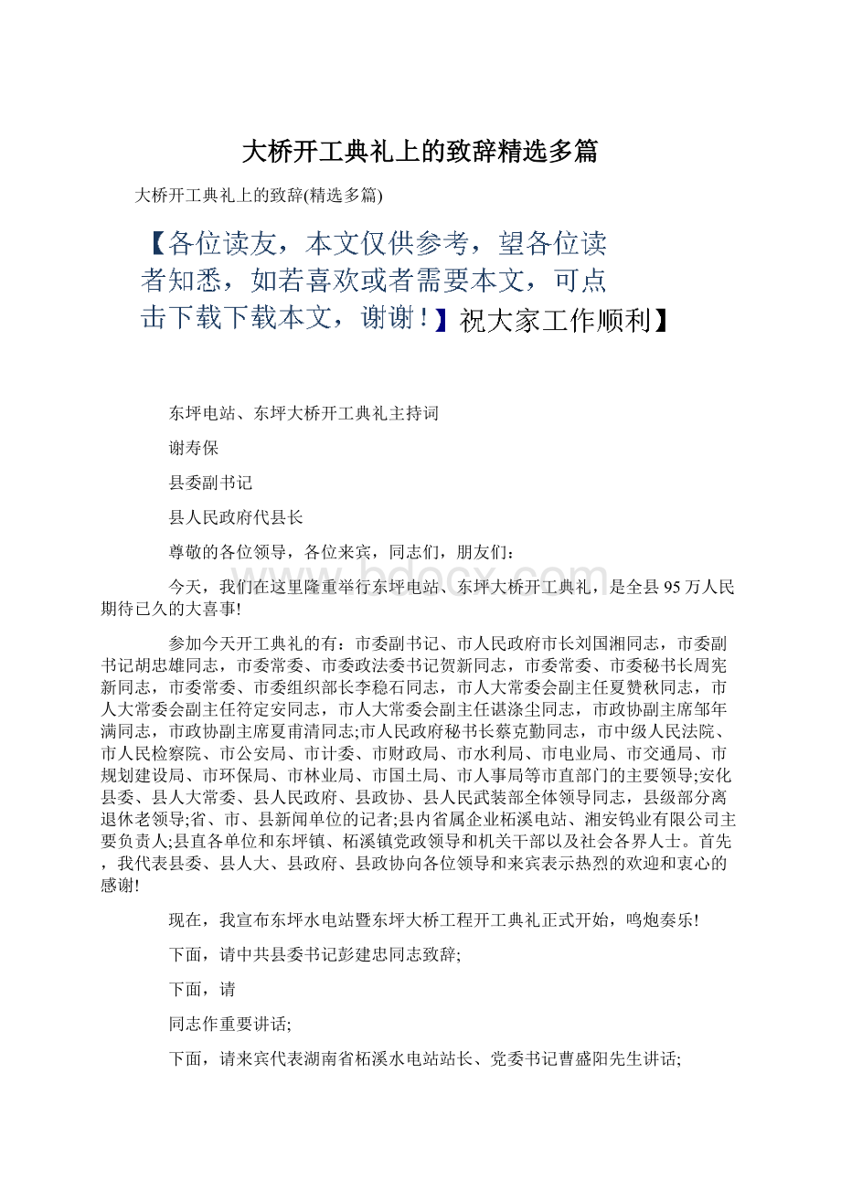 大桥开工典礼上的致辞精选多篇.docx