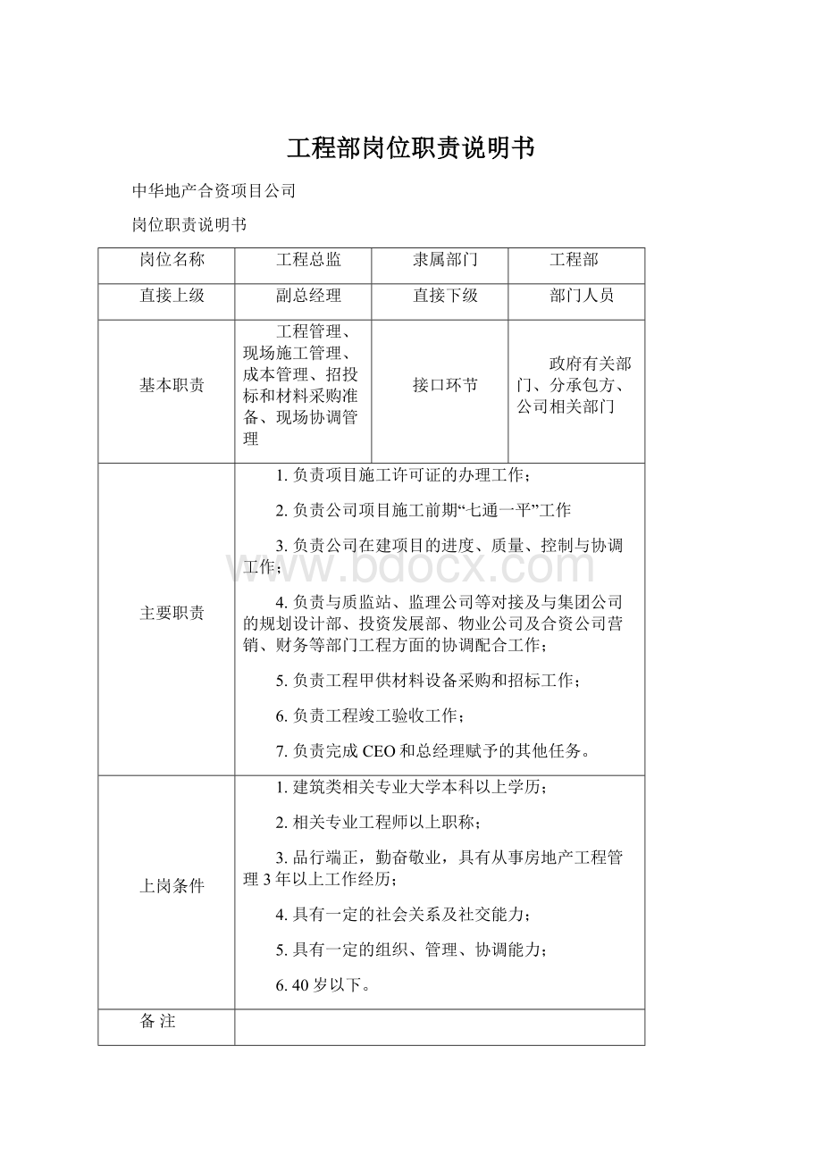 工程部岗位职责说明书Word文档格式.docx