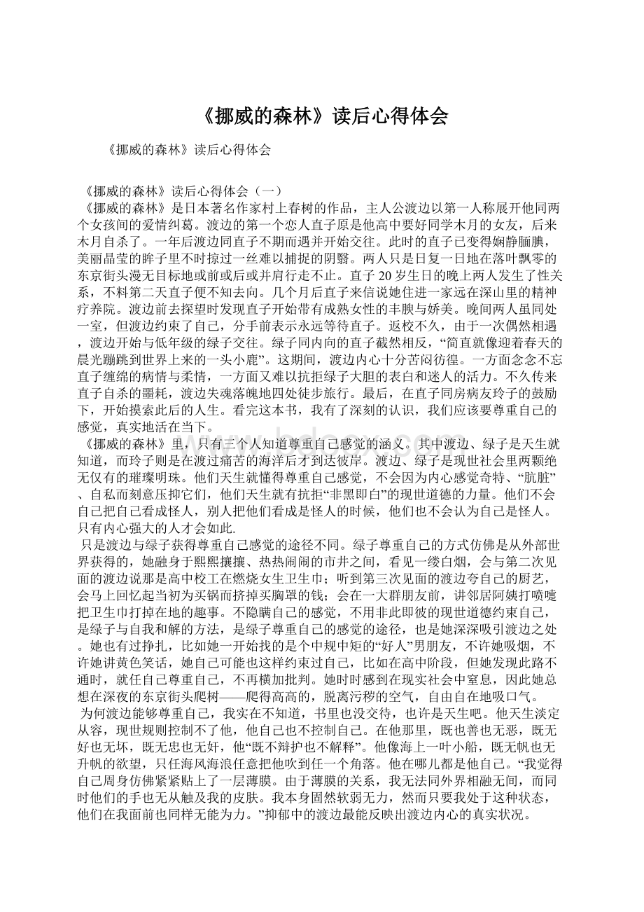 《挪威的森林》读后心得体会Word格式.docx