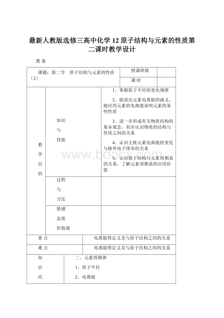 最新人教版选修三高中化学12原子结构与元素的性质第二课时教学设计.docx_第1页