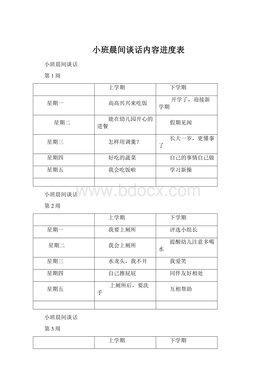 小班晨间谈话内容进度表Word格式文档下载.docx