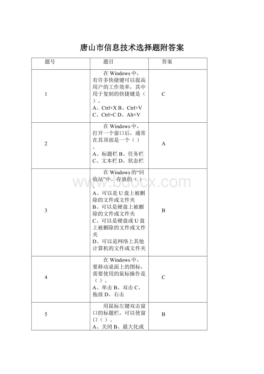 唐山市信息技术选择题附答案.docx