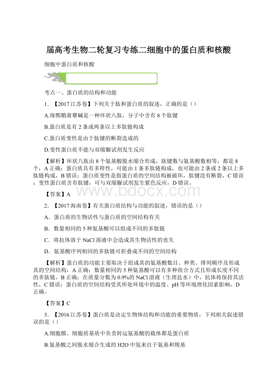 届高考生物二轮复习专练二细胞中的蛋白质和核酸Word文档下载推荐.docx_第1页