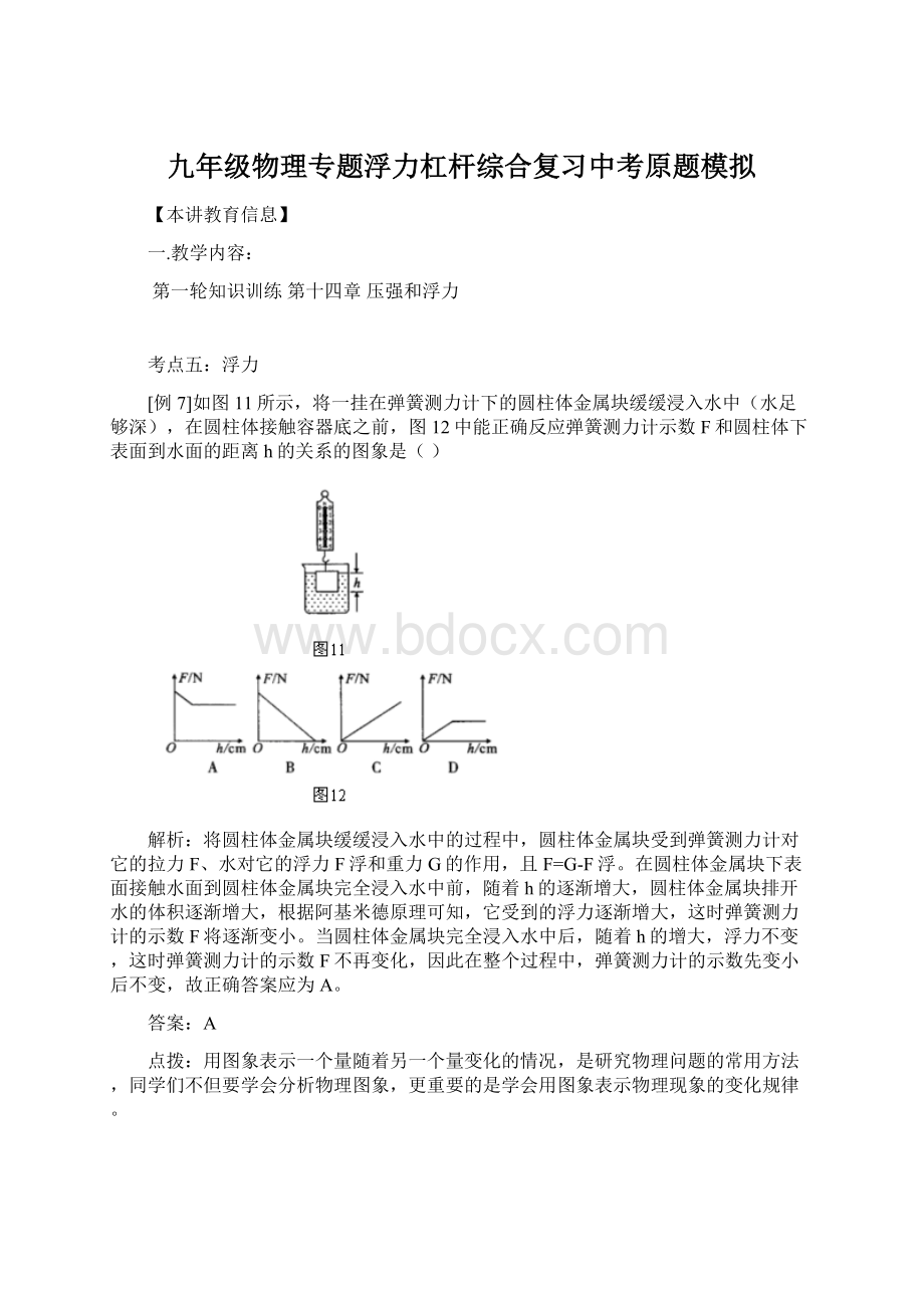 九年级物理专题浮力杠杆综合复习中考原题模拟.docx