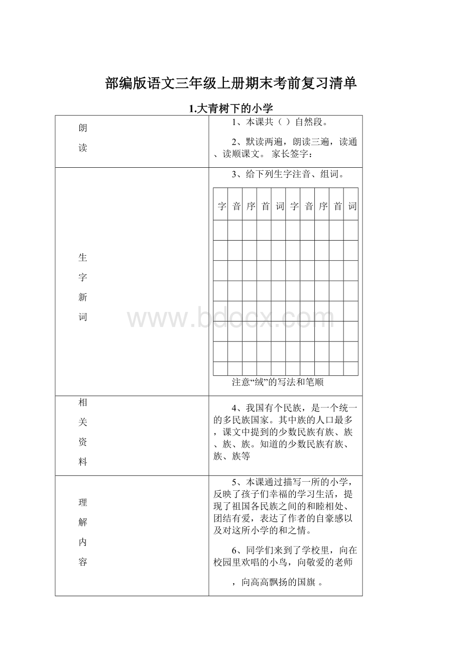 部编版语文三年级上册期末考前复习清单Word格式文档下载.docx