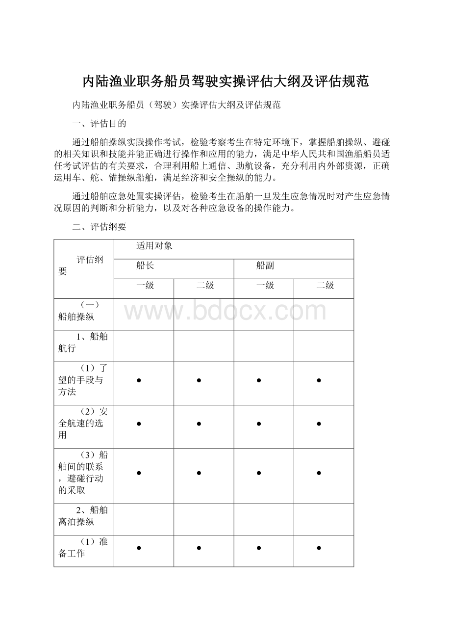 内陆渔业职务船员驾驶实操评估大纲及评估规范文档格式.docx