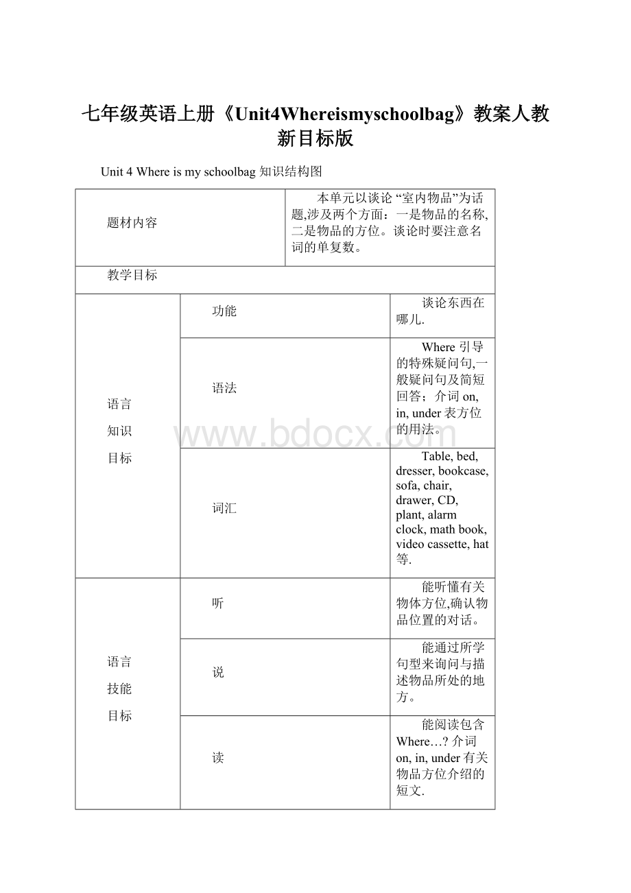 七年级英语上册《Unit4Whereismyschoolbag》教案人教新目标版Word文档下载推荐.docx_第1页