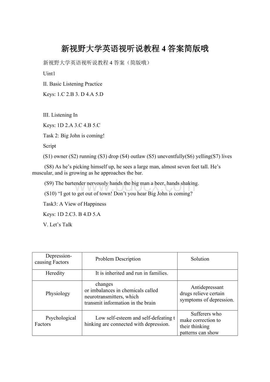 新视野大学英语视听说教程4 答案简版哦.docx_第1页