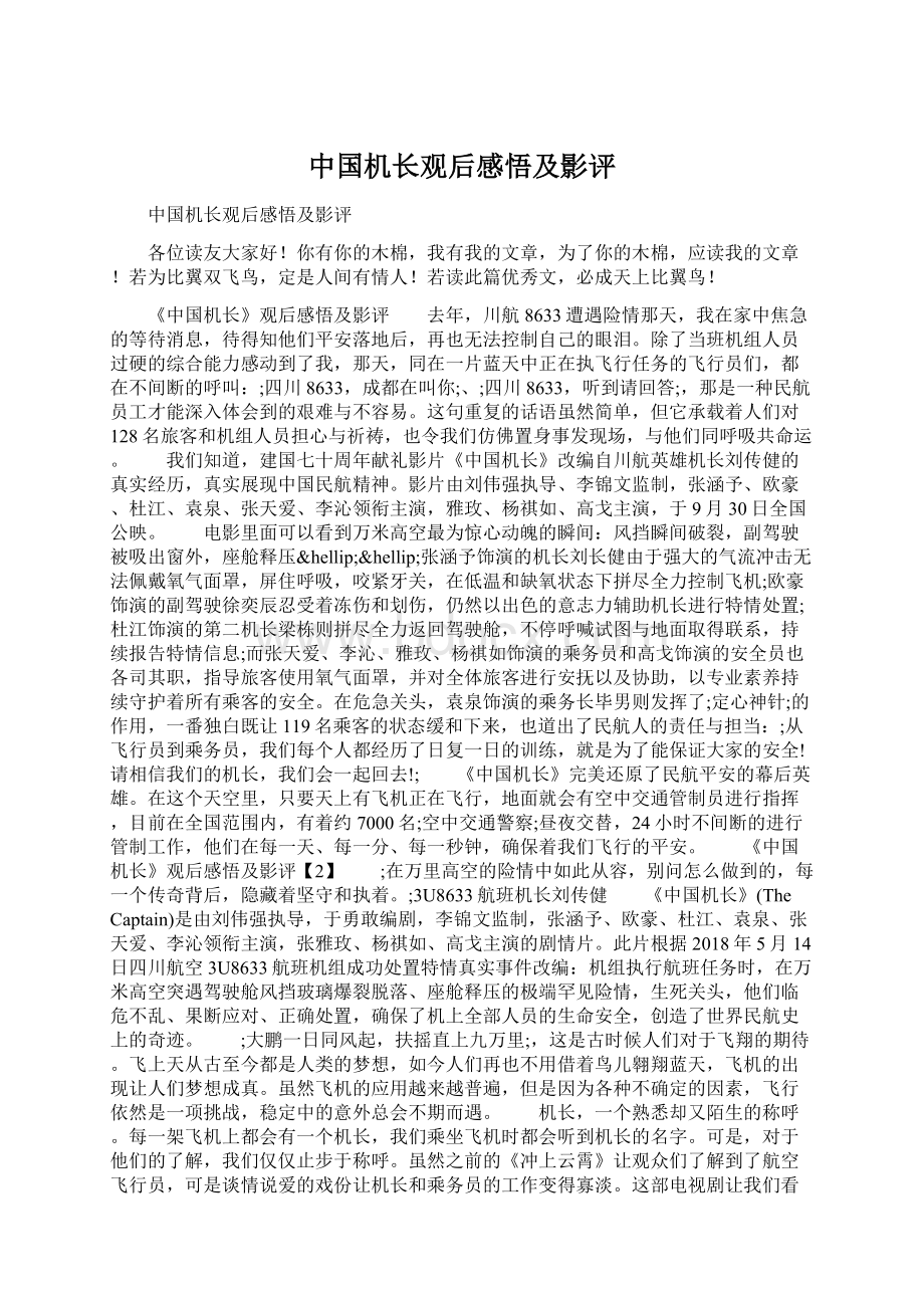中国机长观后感悟及影评文档格式.docx
