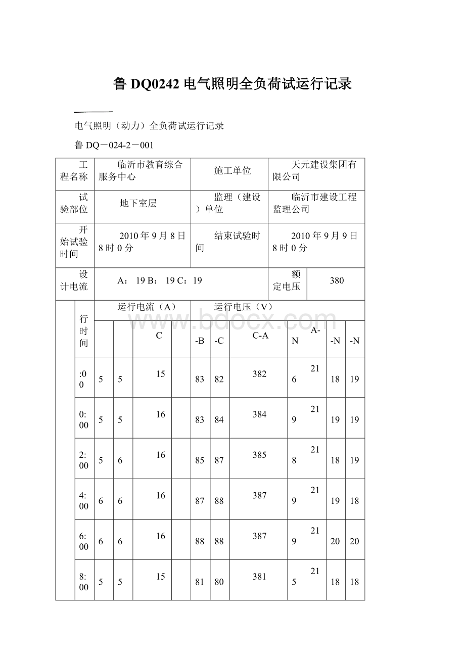 鲁DQ0242电气照明全负荷试运行记录文档格式.docx