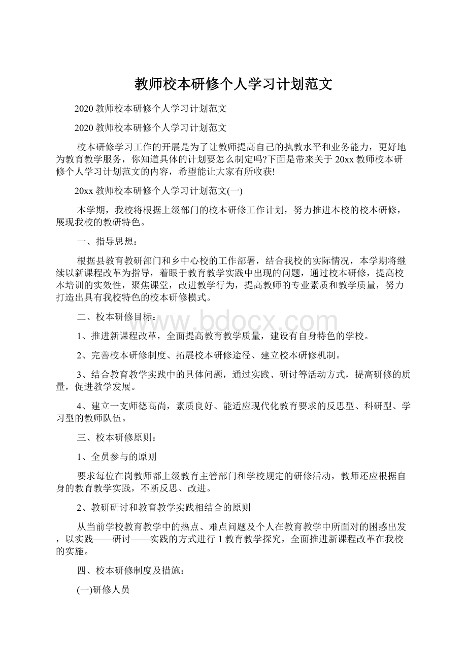 教师校本研修个人学习计划范文Word文档格式.docx_第1页