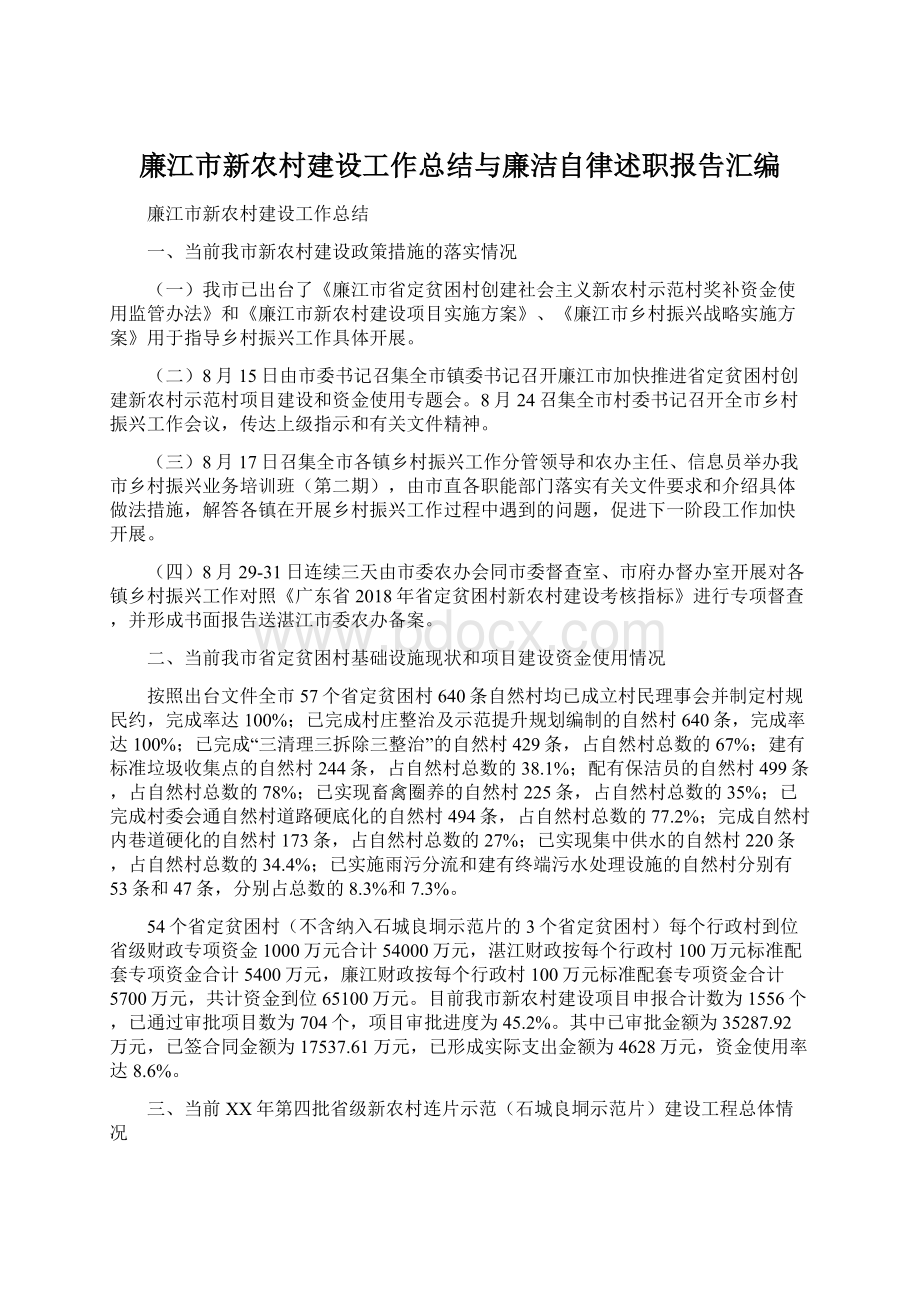 廉江市新农村建设工作总结与廉洁自律述职报告汇编Word下载.docx_第1页