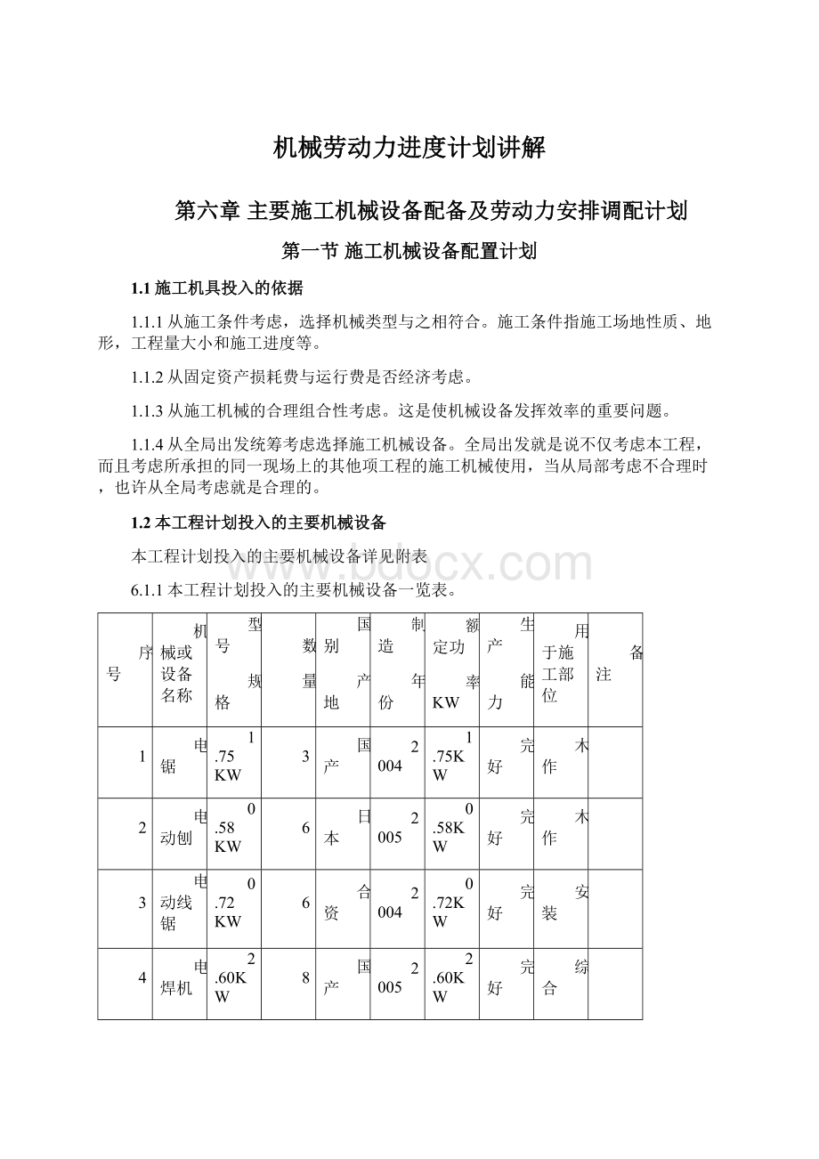 机械劳动力进度计划讲解Word下载.docx