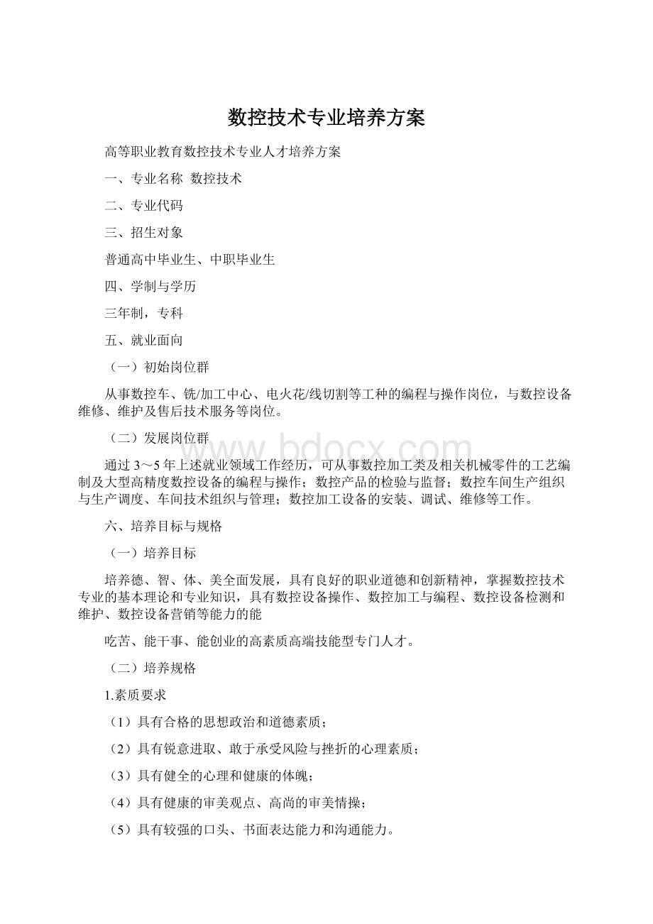 数控技术专业培养方案Word格式文档下载.docx_第1页