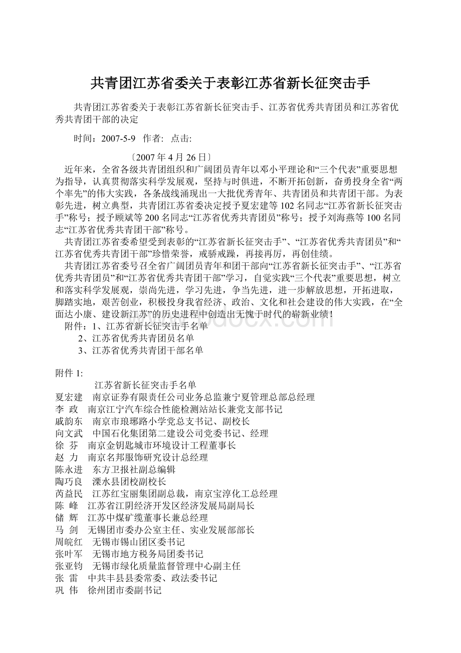 共青团江苏省委关于表彰江苏省新长征突击手.docx