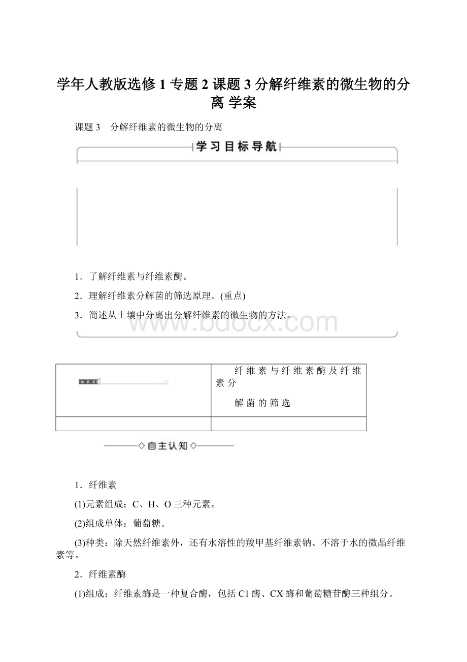 学年人教版选修1 专题2 课题3 分解纤维素的微生物的分离 学案.docx_第1页