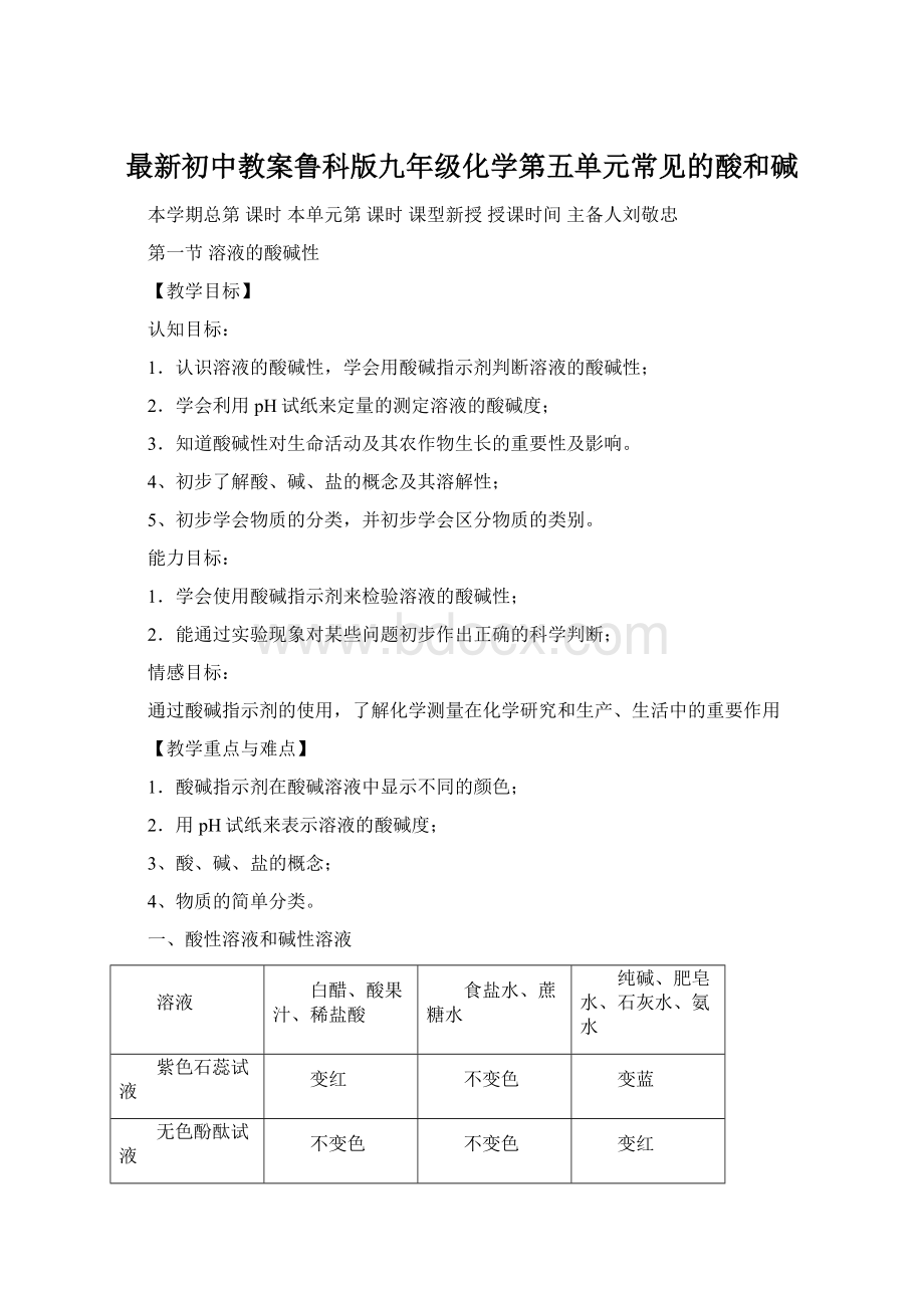 最新初中教案鲁科版九年级化学第五单元常见的酸和碱.docx