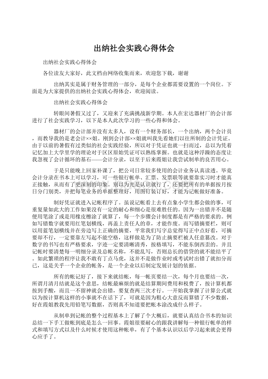 出纳社会实践心得体会Word下载.docx