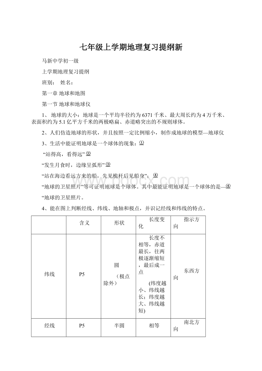 七年级上学期地理复习提纲新.docx