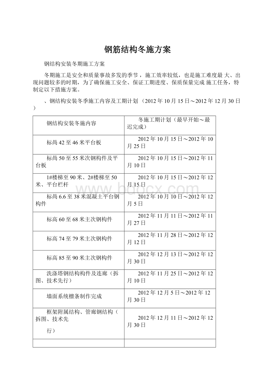 钢筋结构冬施方案Word下载.docx