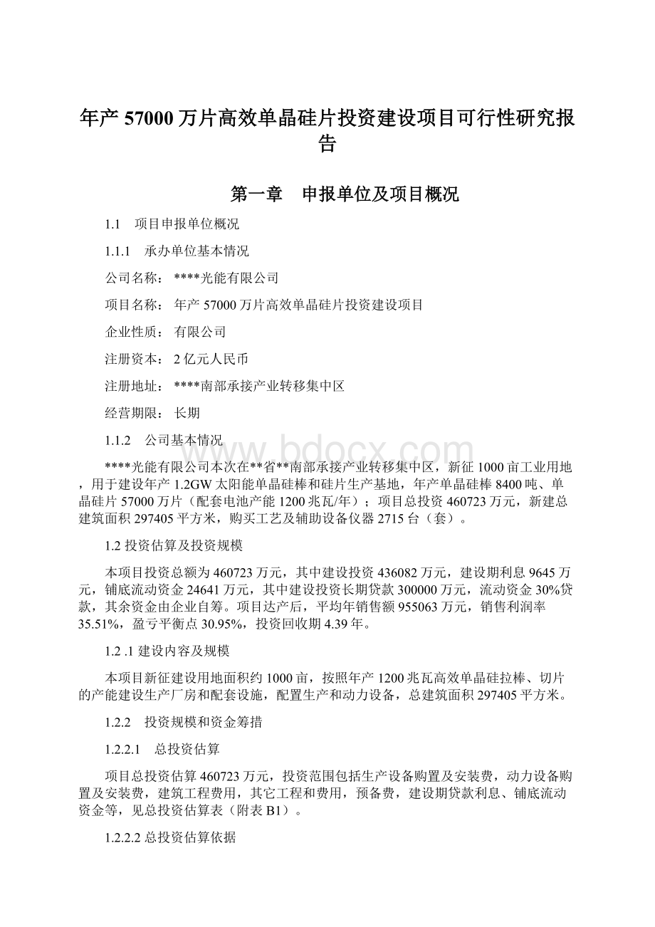 年产57000万片高效单晶硅片投资建设项目可行性研究报告Word文件下载.docx_第1页