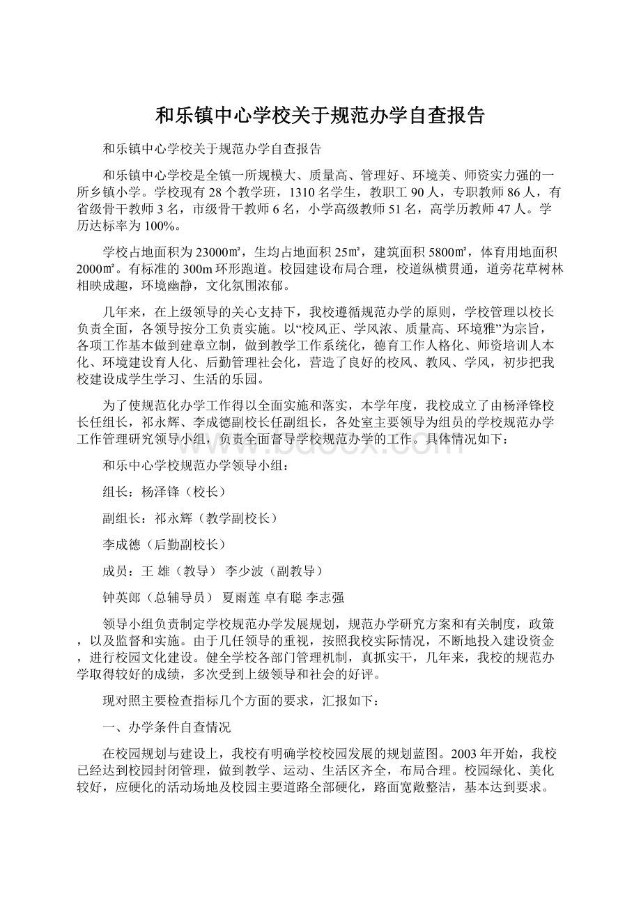 和乐镇中心学校关于规范办学自查报告.docx