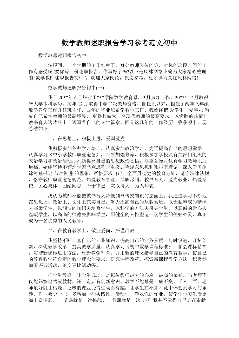 数学教师述职报告学习参考范文初中.docx