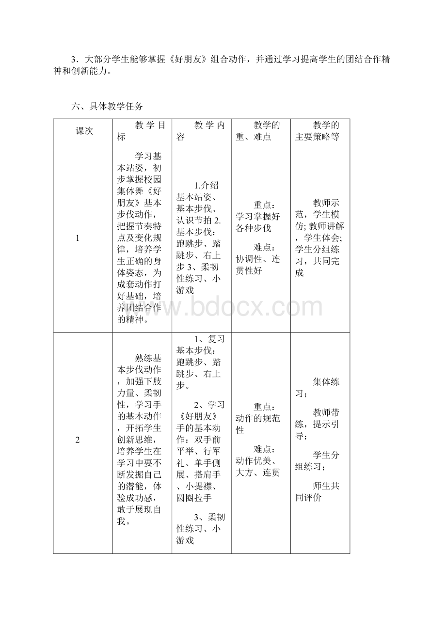 校园集体舞好朋友单元教学计划及教案.docx_第2页