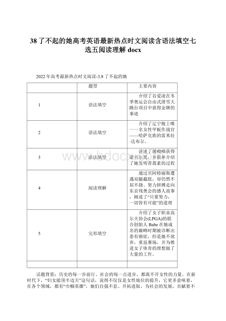 38了不起的她高考英语最新热点时文阅读含语法填空七选五阅读理解docx文档格式.docx