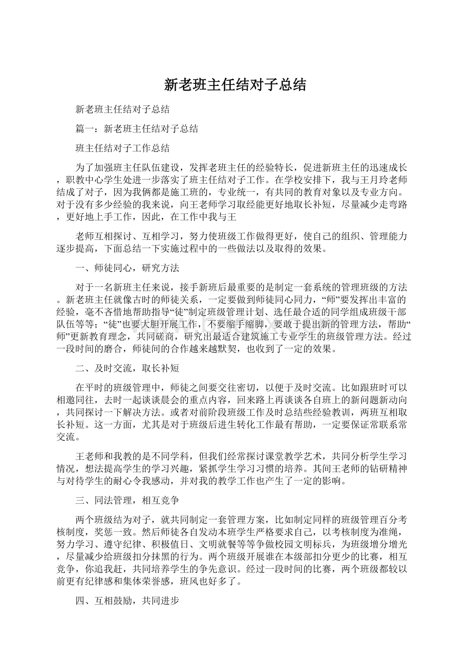 新老班主任结对子总结Word格式文档下载.docx