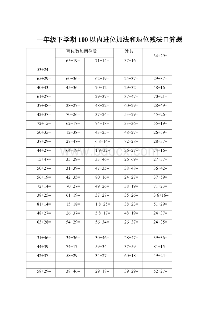 一年级下学期100以内进位加法和退位减法口算题Word文档下载推荐.docx_第1页