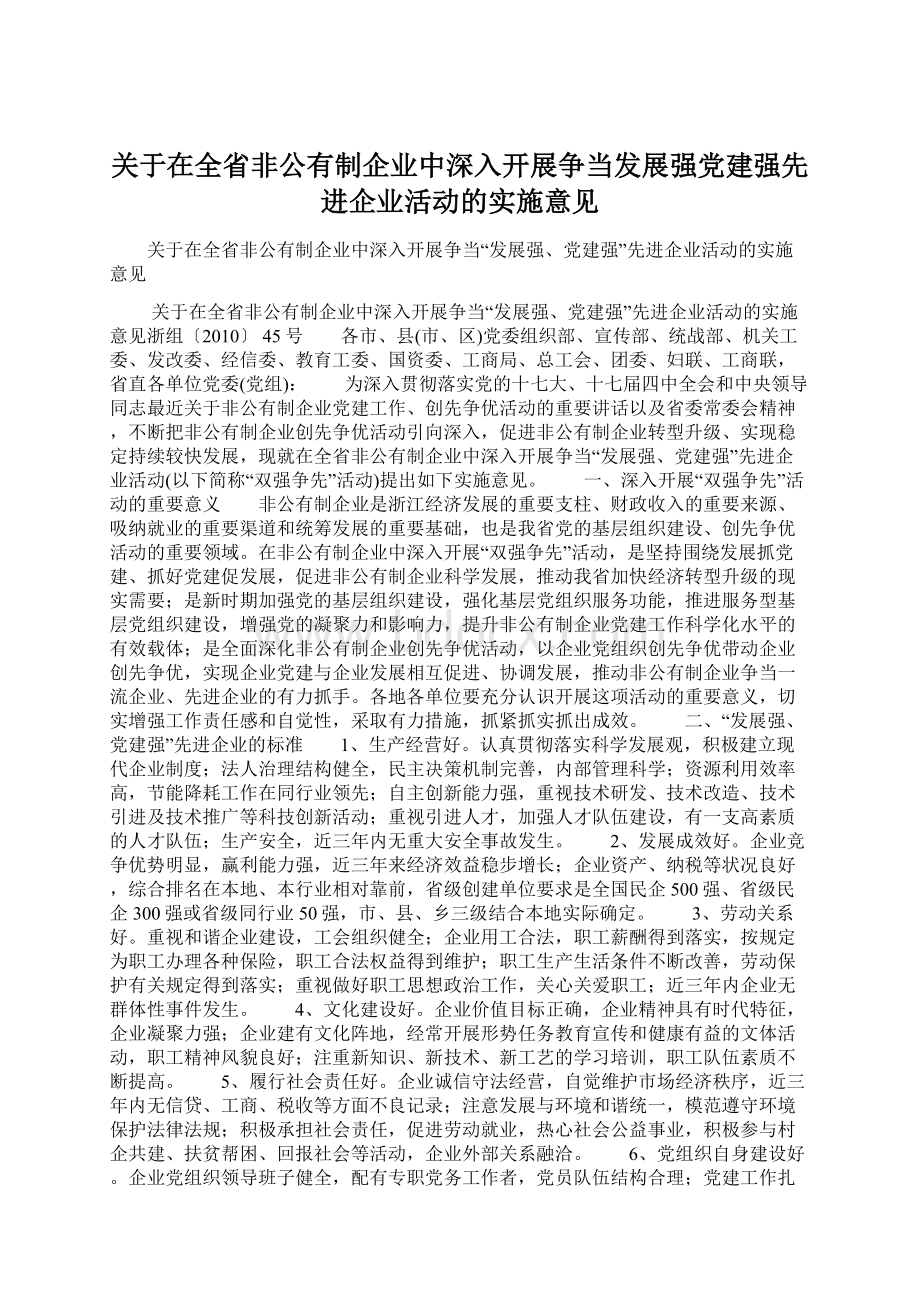 关于在全省非公有制企业中深入开展争当发展强党建强先进企业活动的实施意见Word文档下载推荐.docx_第1页