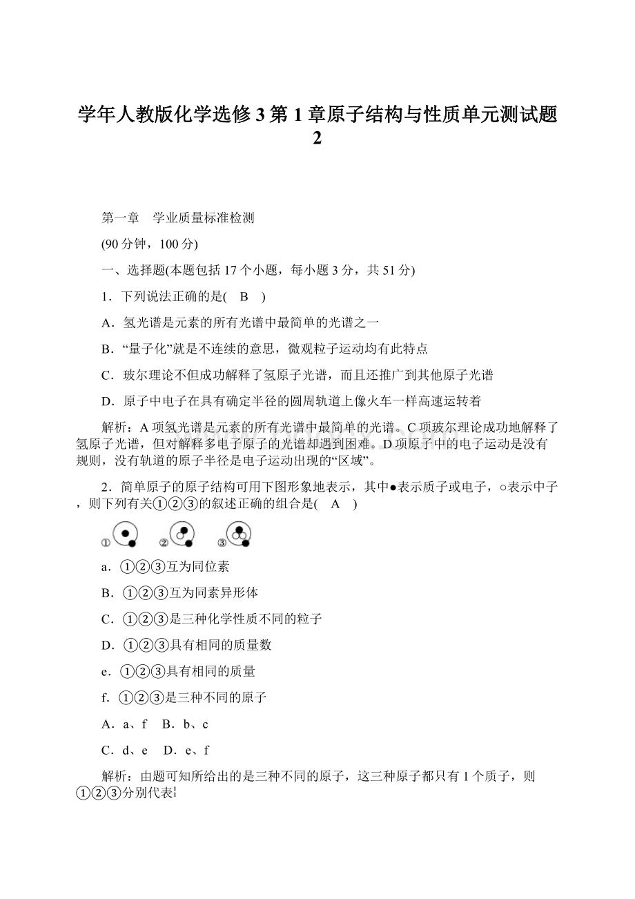 学年人教版化学选修3第1章原子结构与性质单元测试题 2.docx