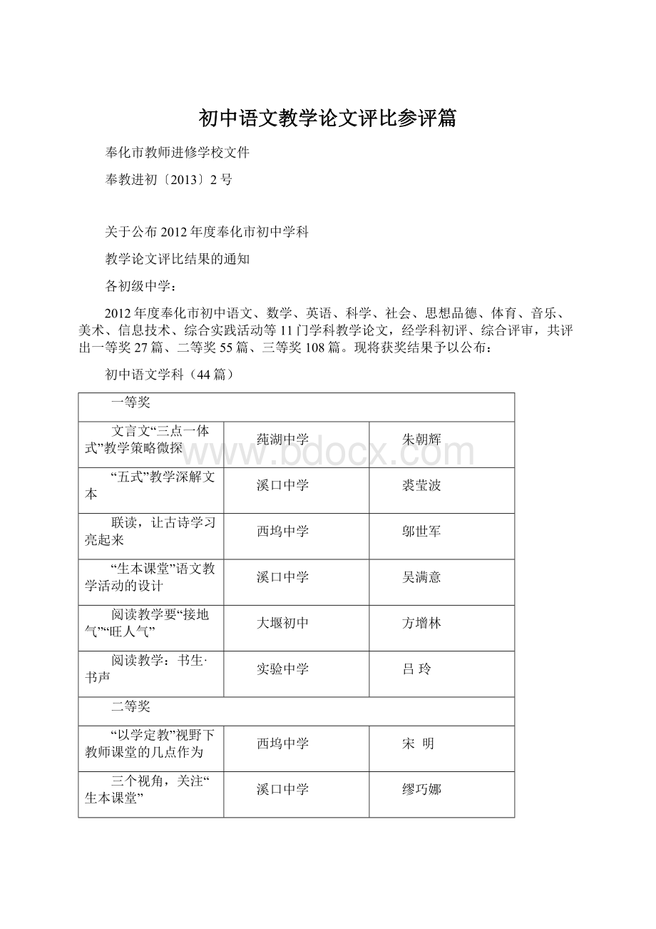 初中语文教学论文评比参评篇Word格式.docx