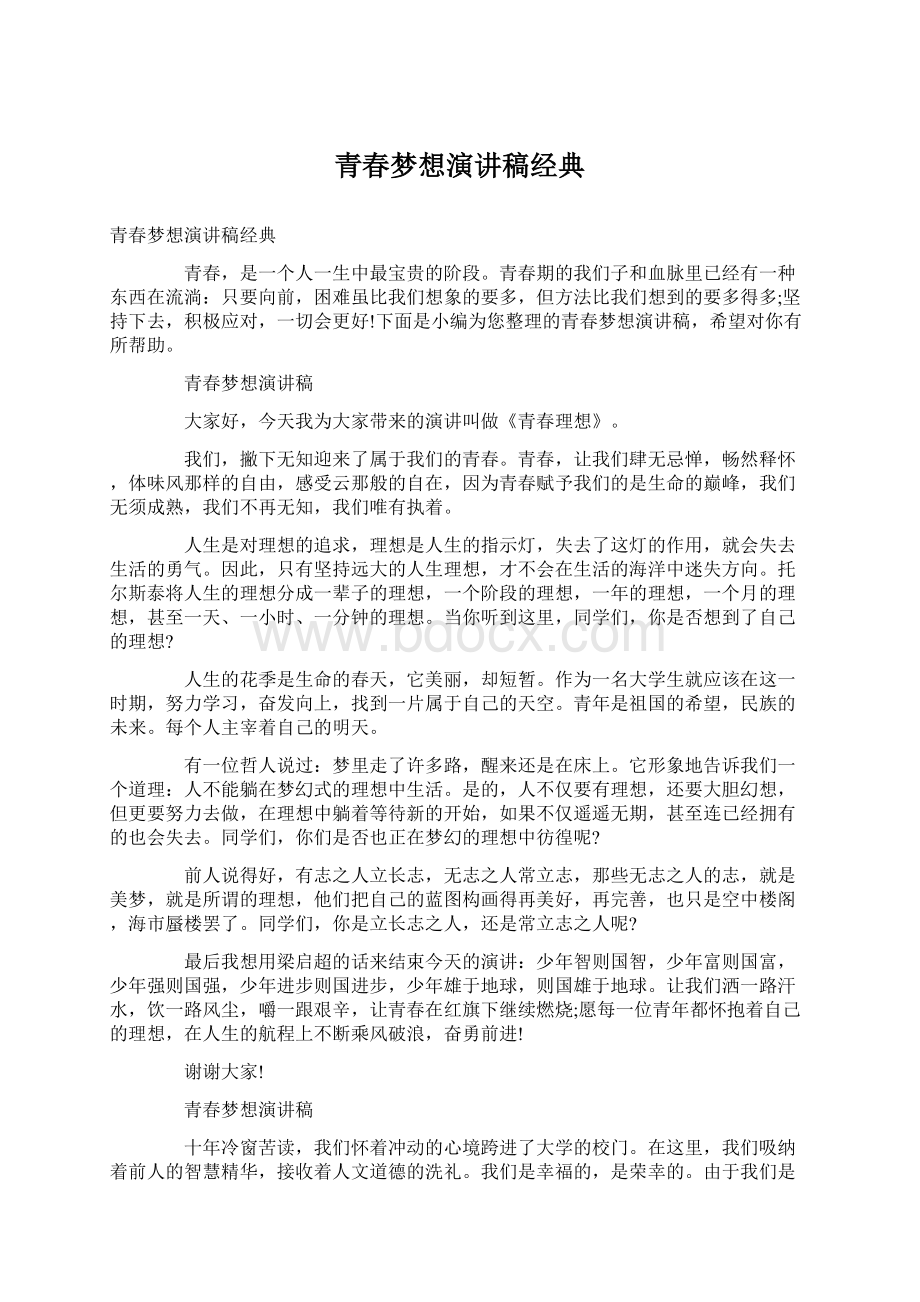 青春梦想演讲稿经典文档格式.docx