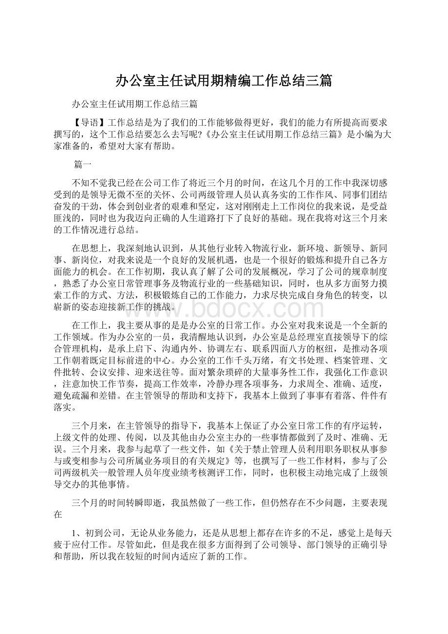 办公室主任试用期精编工作总结三篇.docx